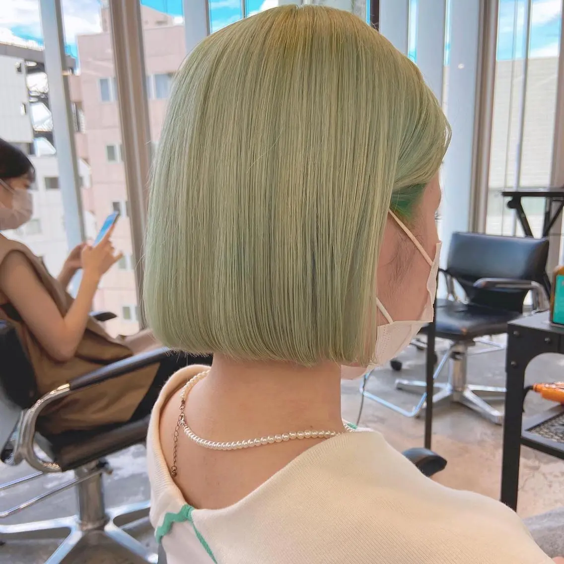 ミディアム カラー ヘアアレンジ ハイトーンカラー ミント ミントグリーン 天神レイヤーカット No.1💖マユカのヘアスタイル
