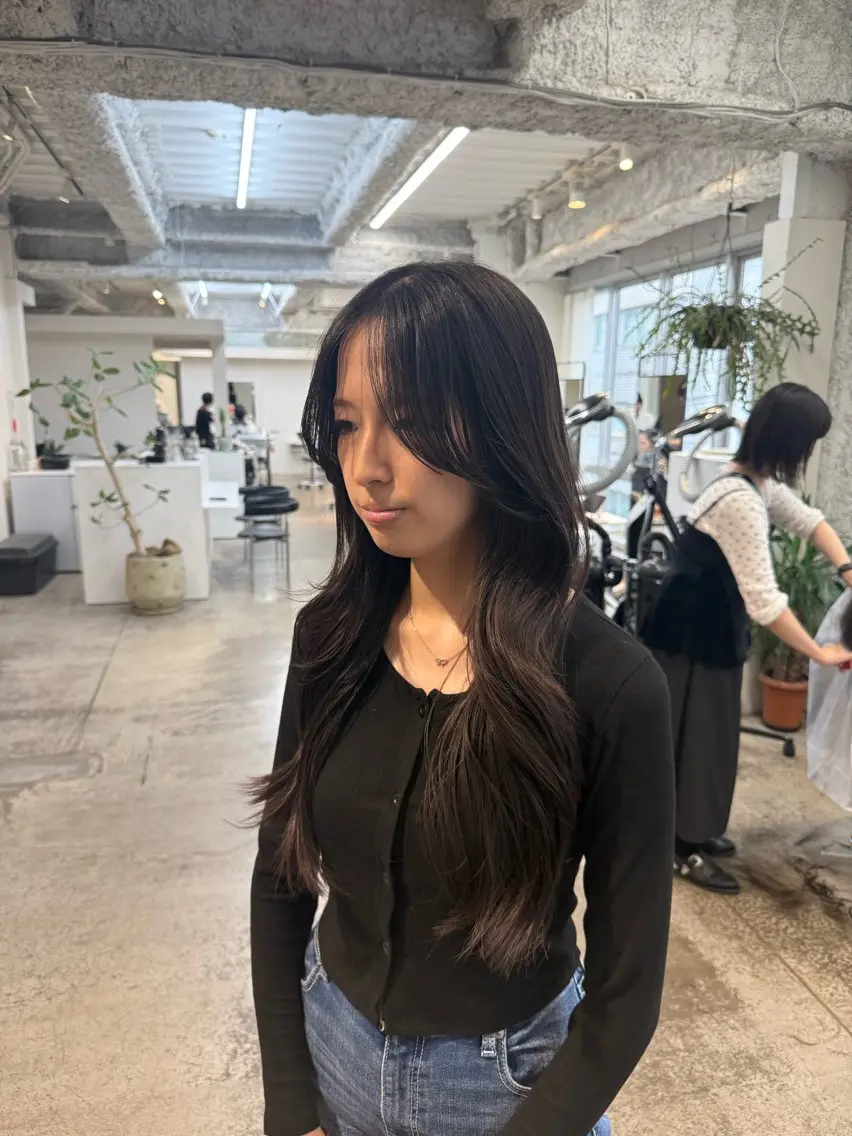ロング くびれヘア 顔周りカット かきあげバング レイヤーカット ロング カット SAKI /レイヤー/ベージュのヘアスタイル