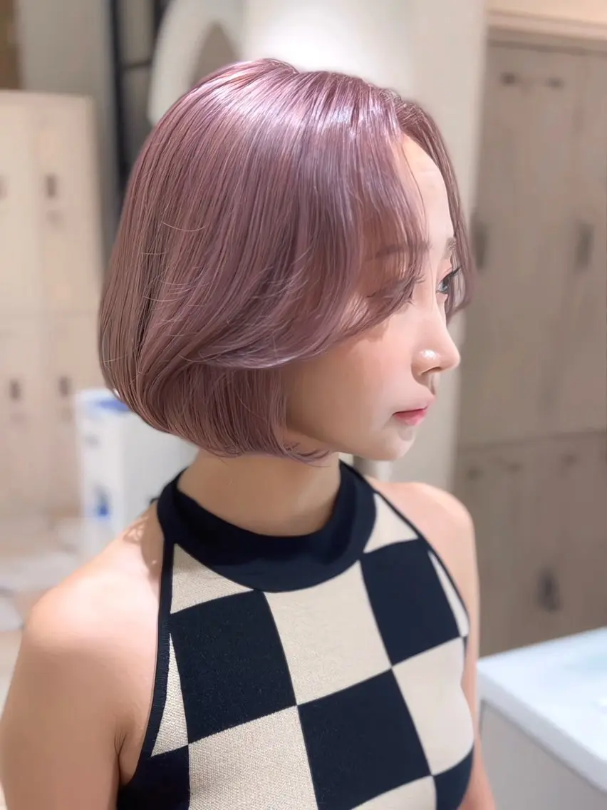 ミディアム カラー ベージュカラー ピンクカラー ピンクベージュ ボブ カット ヘアカラー トリートメント 骨格別小顔カット/ 顔周りカット/金井のヘアスタイル