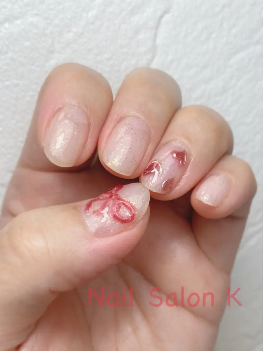 ネイル ハート マグネットネイル ミラーネイル ぷっくりネイル リボン Nail Salon K 🧸美爪育成のネイルデザイン