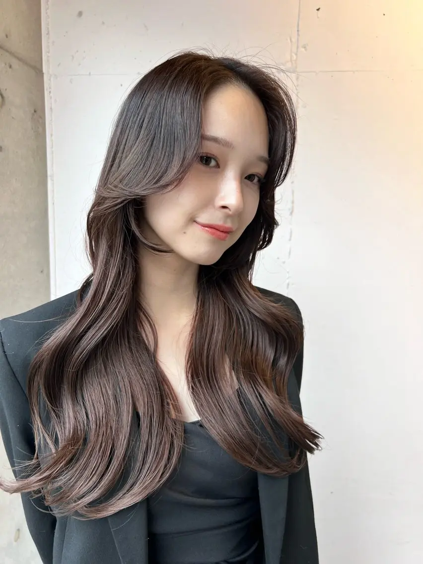 ロング カラー 顔周りカット レイヤーカット トリートメント カット ヘアカラー トリートメント まとまるレイヤー カット/透明感カラーのヘアスタイル