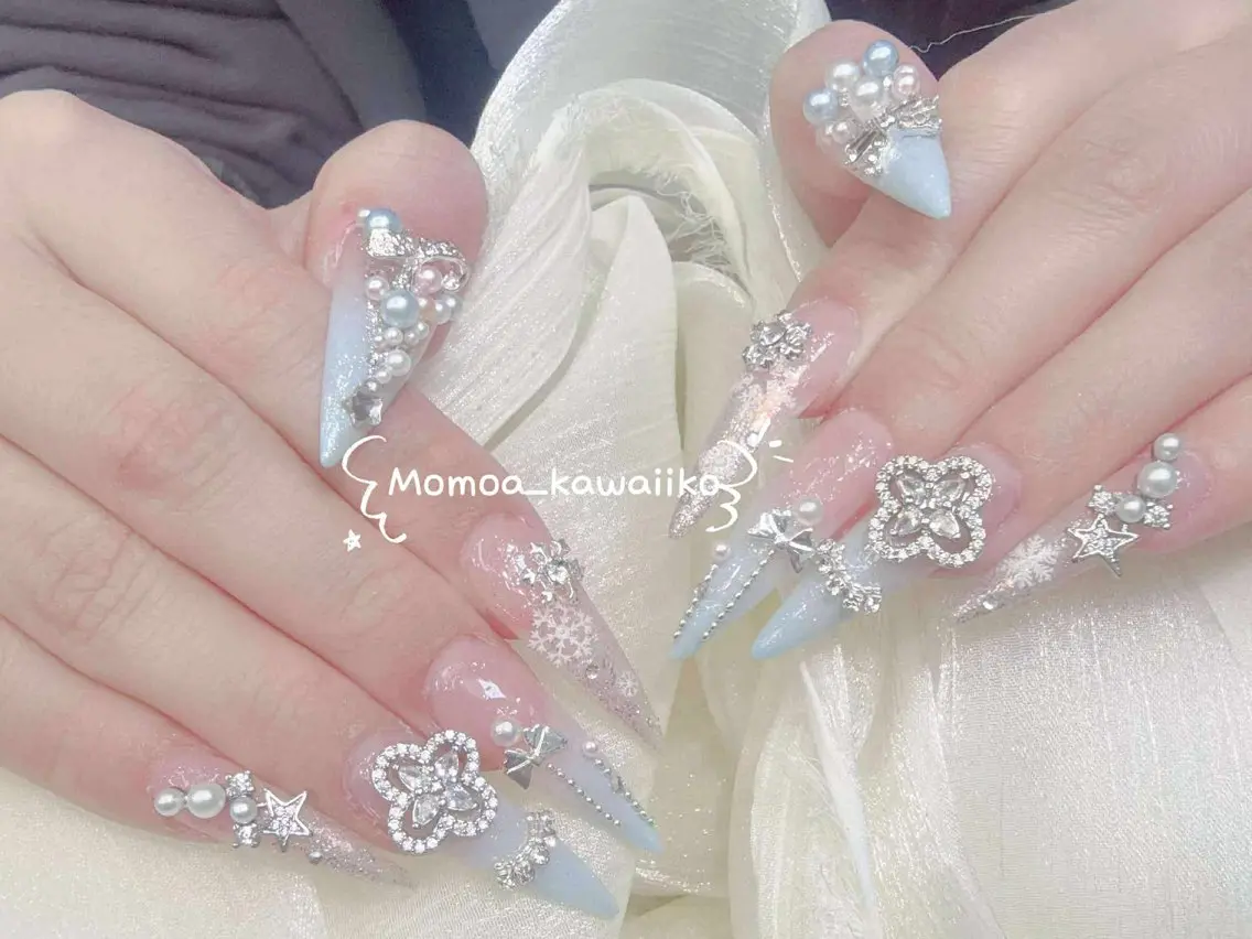 ネイル 成人式 ロングネイル マグネットネイル 大理石ネイル(マーブル) リボン ハンドネイル MoMoA Nail ネイル長さ出し専門店のネイルデザイン