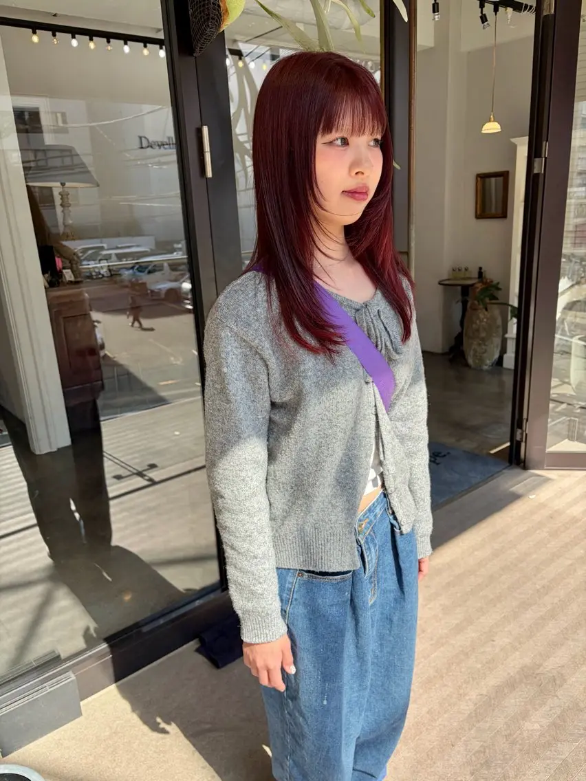 ロング カラー ブリーチ ダブルカラー ブリーチなしカラー レッドカラー レイヤーカット カット ヘアカラー 千葉 郁也のヘアスタイル
