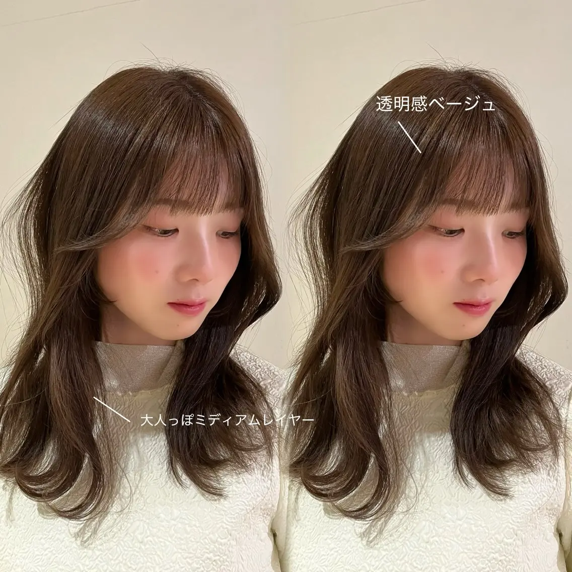 ミディアム カラー 透明感カラー レイヤーカット えんぐちとも／透明感 カラー／博多ボブのヘアスタイル