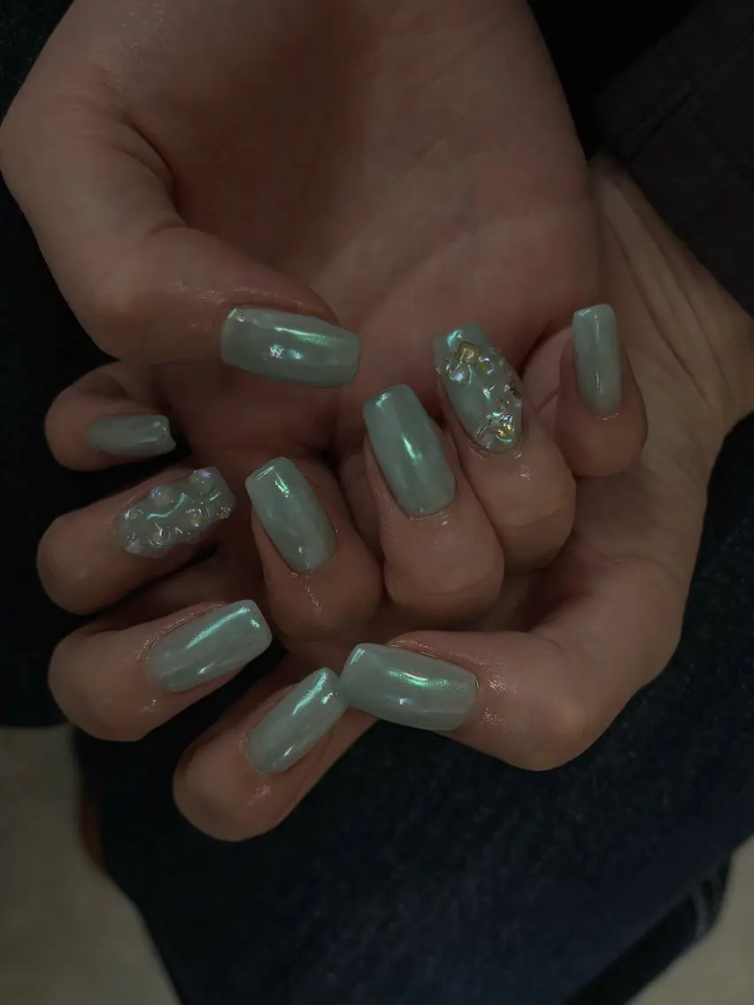 ネイル オーロラネイル ブルー キラキラネイル ミラーネイル ニュアンスネイル ハンドネイル tamu nail 金町のネイルデザイン