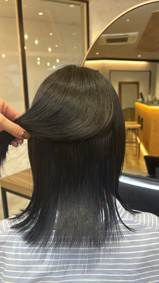 ミディアム カラー 黒髪 ブリーチ ブルーカラー ブルーブラック レイヤー✂︎ぷつボブ 艶カラー🤍noaのヘアスタイル