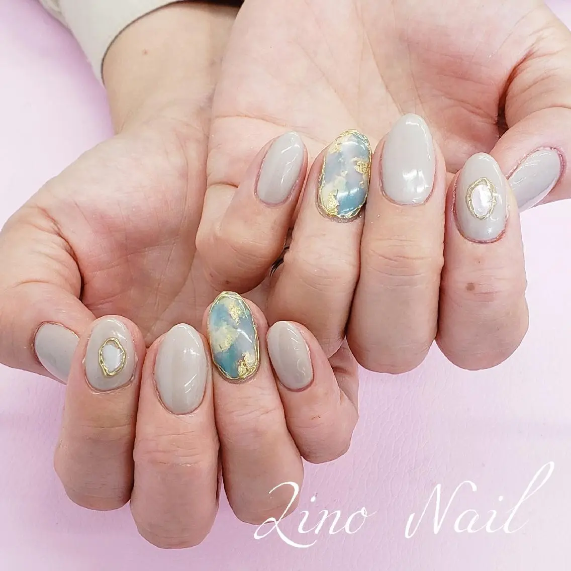 ネイル ブルー カジュアル ジェルネイル 大理石ネイル(マーブル) ミラーネイル ハンドネイル Lino Nailのネイルデザイン