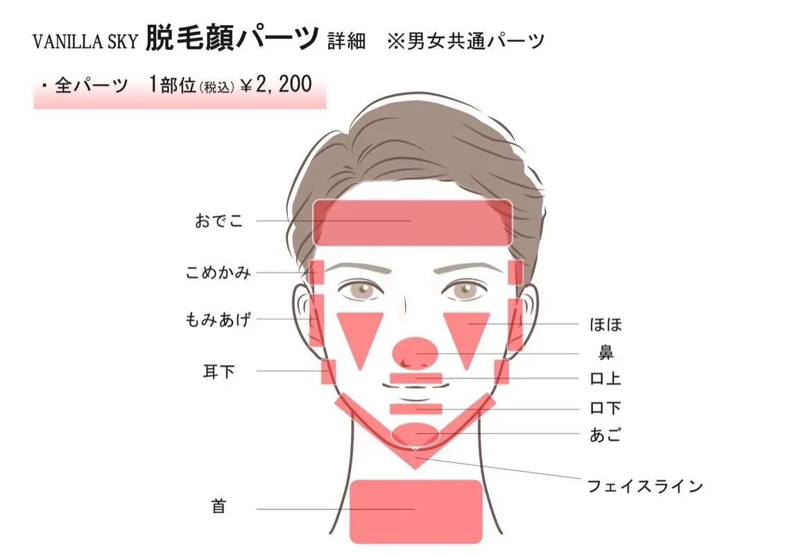 高校生学割！髭(顔)脱毛👨🏻‍🎓👩‍🎓画像のパーツ(10箇所まで)ご希望の脱毛部位をお選びください。　男女🉑の写真