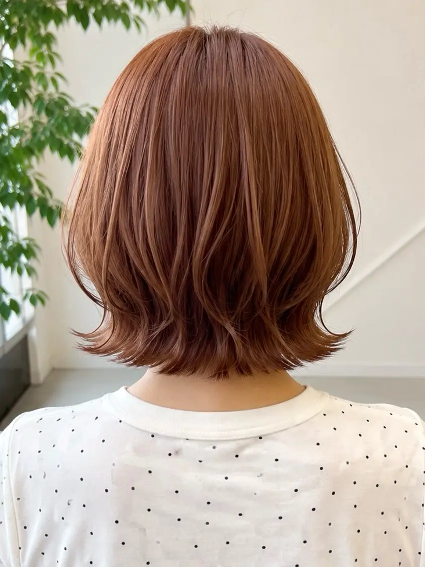 ミディアム カラー ボブレイヤー ブラウンカラー オレンジ オレンジブラウン ボブ カット ヘアカラー トリートメント 角岡 真帆/ボブ/髪質改善のヘアスタイル