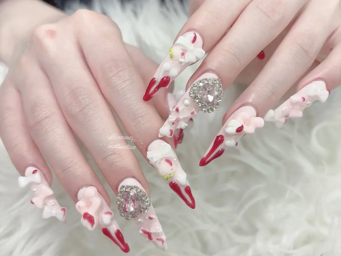 ネイル 成人式 大理石ネイル(マーブル) リボン 夏ネイル ネイルチップ ハンドネイル MoMoA Nail ネイル長さ出し専門店のネイルデザイン