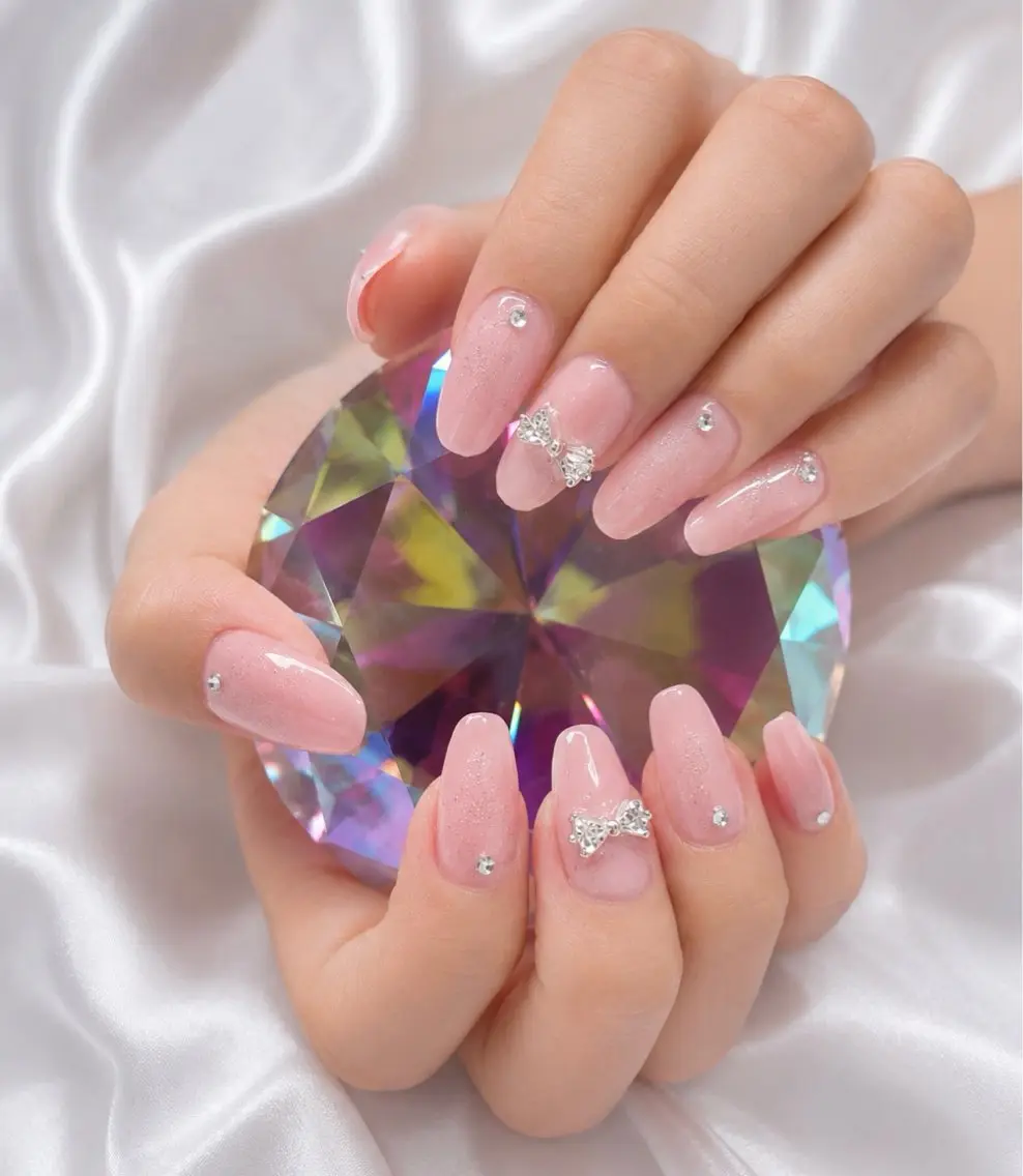ネイル ピンク リボン ストーンネイル ワンホンネイル ハンドネイル Lino nailのネイルデザイン