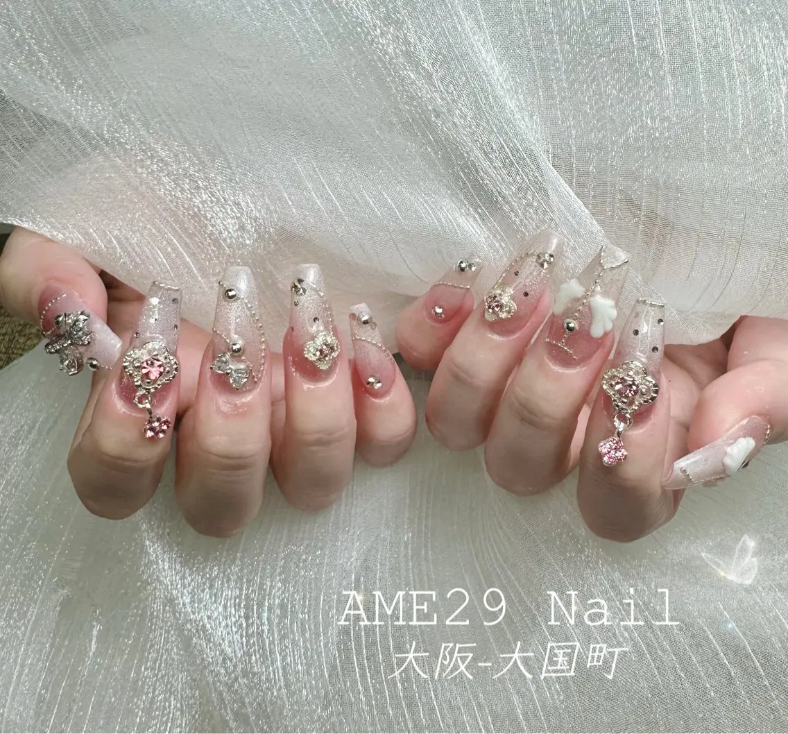 ネイル 長さ出し フラワーネイル ジェルネイル ガーリー グラデーション AME29 Nail ネイルサロンのネイルデザイン