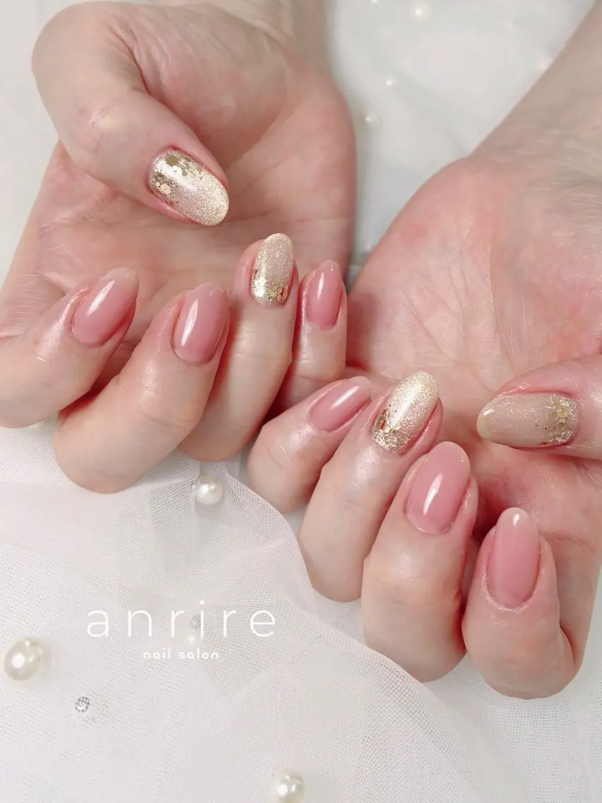 ネイル アートネイル ゴールド ラメ(グリッター) マグネットネイル ピンク ハンドネイル nailsalon anrireのネイルデザイン