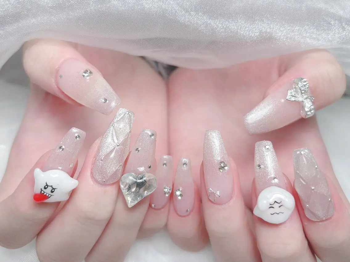 ネイル 成人式 キラキラネイル 大理石ネイル(マーブル) スカルプネイル 夏ネイル ハンドネイル MoMoA Nail ネイル長さ出し専門店のネイルデザイン
