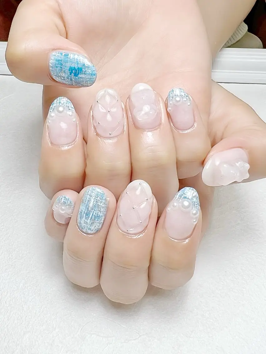 ネイル ブルー ガーリー キラキラネイル 韓国ネイル ツイードネイル rouse nail RISATOのネイルデザイン