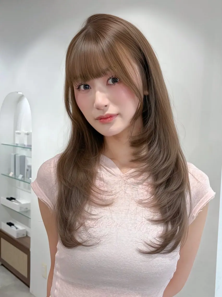 ロング カラー ベージュカラー 透明感カラー ハイレイヤー 韓国風ヘア レイヤーカット カット ヘアカラー トリートメント 藤野 結衣のヘアスタイル