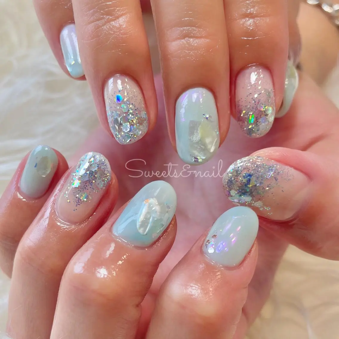 ネイル オーロラネイル 水色 Sweets& nail みなこのネイルデザイン