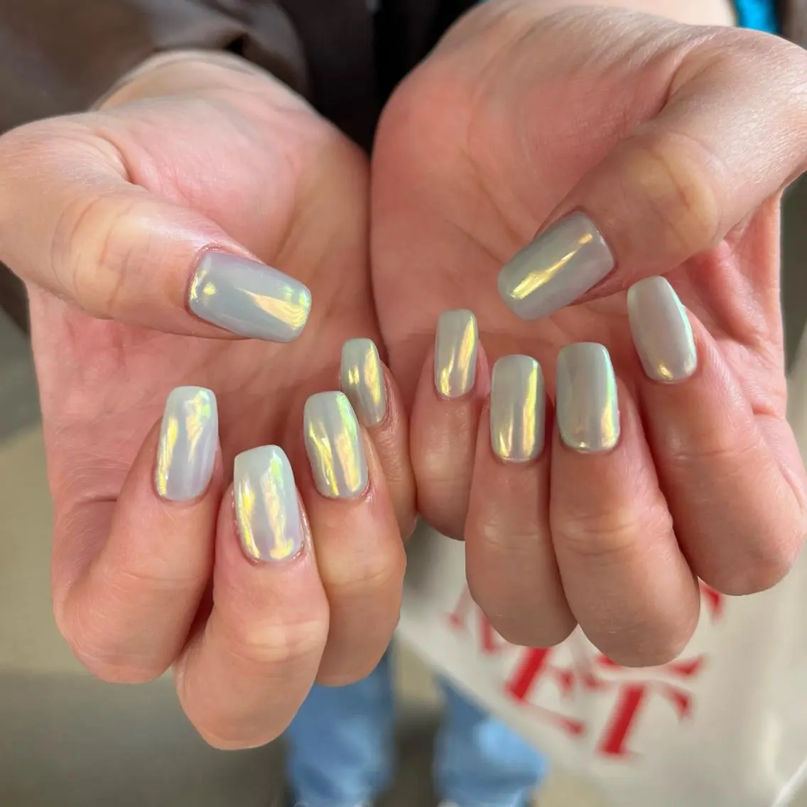 ネイル オーロラネイル グリーン ワンカラーネイル ハンドネイル vegh. nail／阿波座のネイルデザイン
