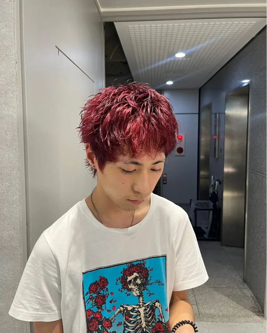 ショート カラー パーマ メンズ レッドカラー ショートヘア カット ヘアカラー 🔥メンズ 特化🔥菊水皐暉🔥のヘアスタイル