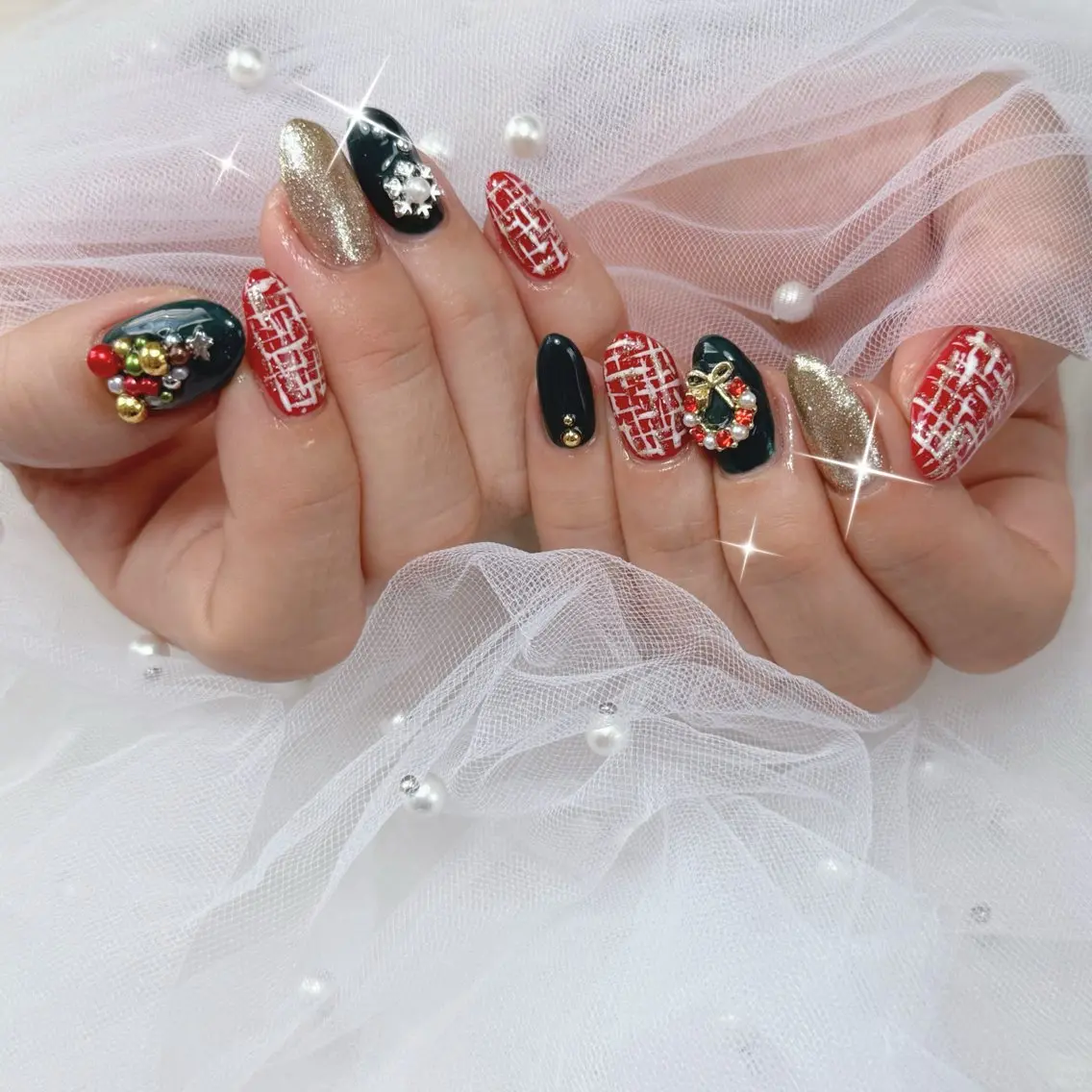 ネイル ツイードネイル 冬ネイル クリスマス ハンドネイル L'ino nailのネイルデザイン