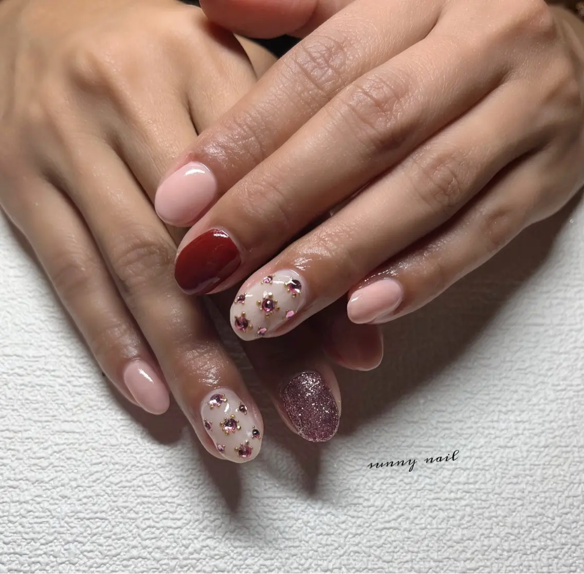 ネイル ボルドー ジェルネイル パラジェル ピンク sunny nailのネイルデザイン