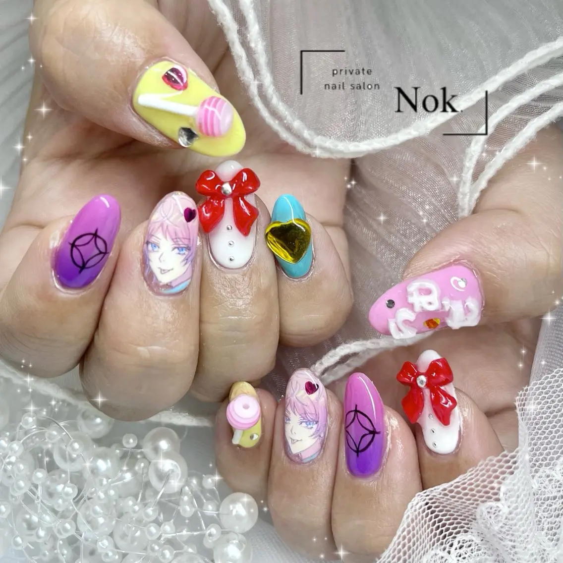 ネイル 持ち込み リボン ハンドネイル 池袋痛ネイル Nok. 渡辺のネイルデザイン