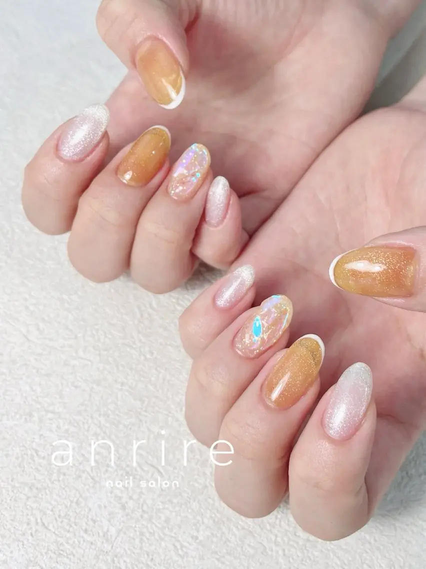 ネイル フレンチネイル ジェルネイル 氷ネイル・うるうるネイル キラキラネイル ラメ(グリッター) nailsalon anrireのネイルデザイン
