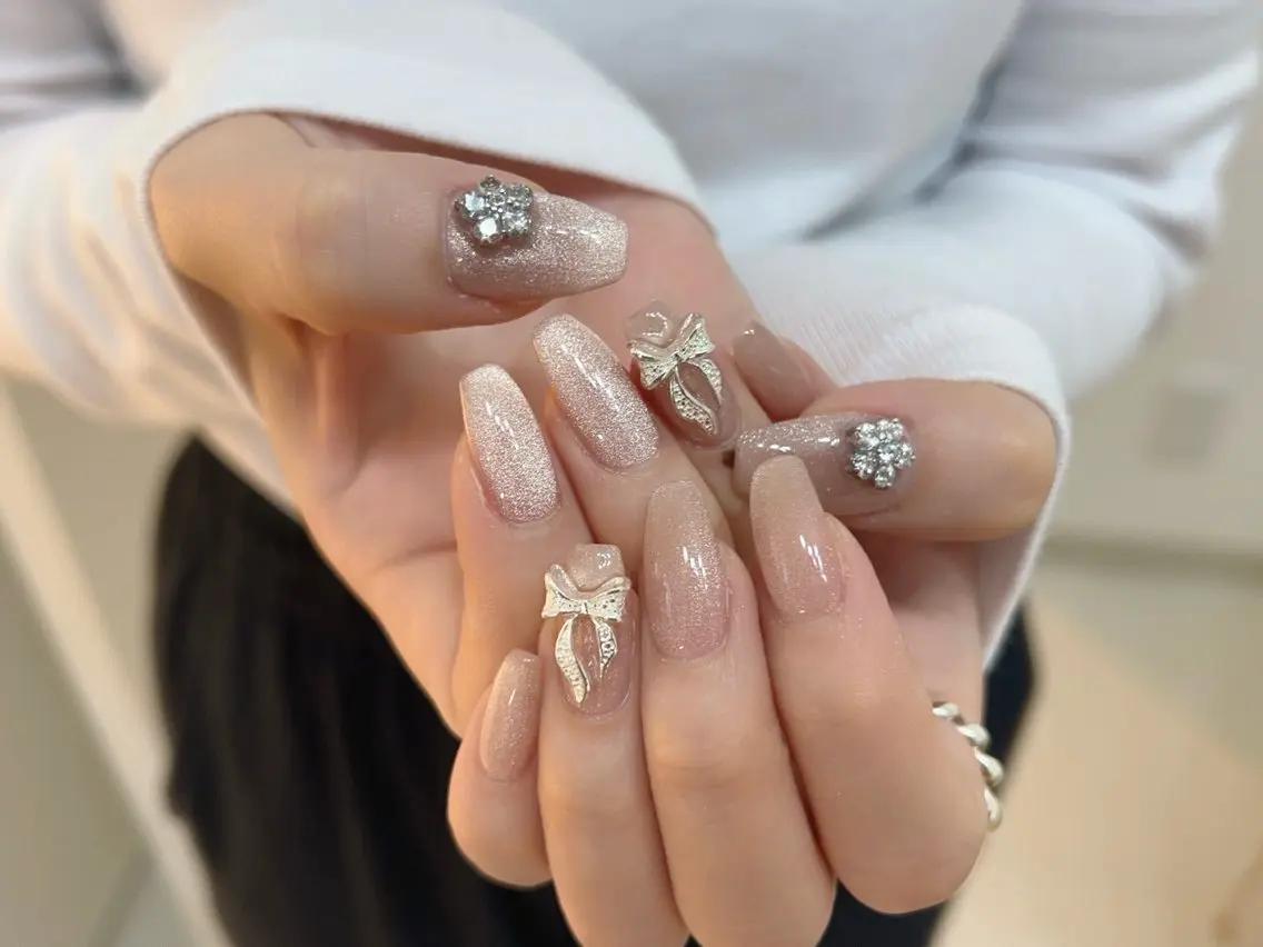 ネイル アートネイル クリアネイル ラメ(グリッター) リボン シンプルネイル ハンドネイル L&Y Nail salonのネイルデザイン