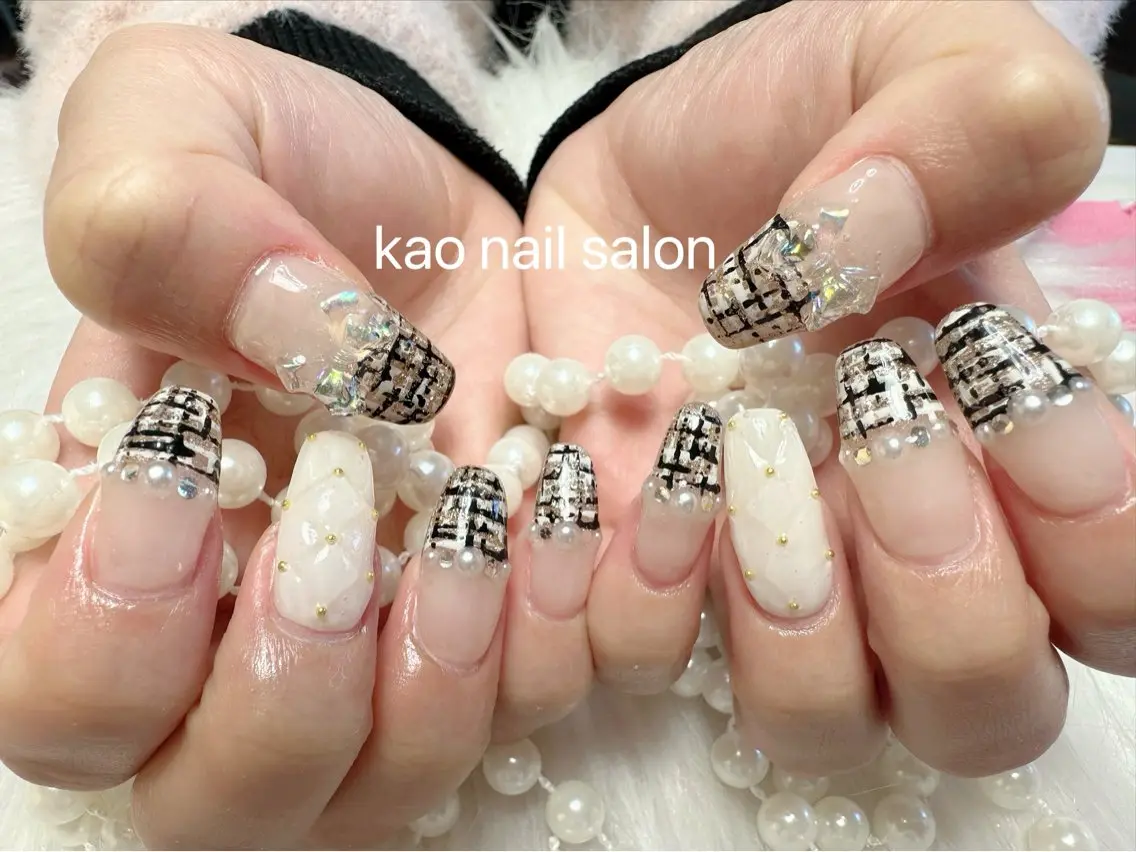 ネイル チークネイル 長さ出し フレンチネイル ジェルネイル ガラスフレンチ ハンドネイル kao nail マグネット/長さだしのネイルデザイン