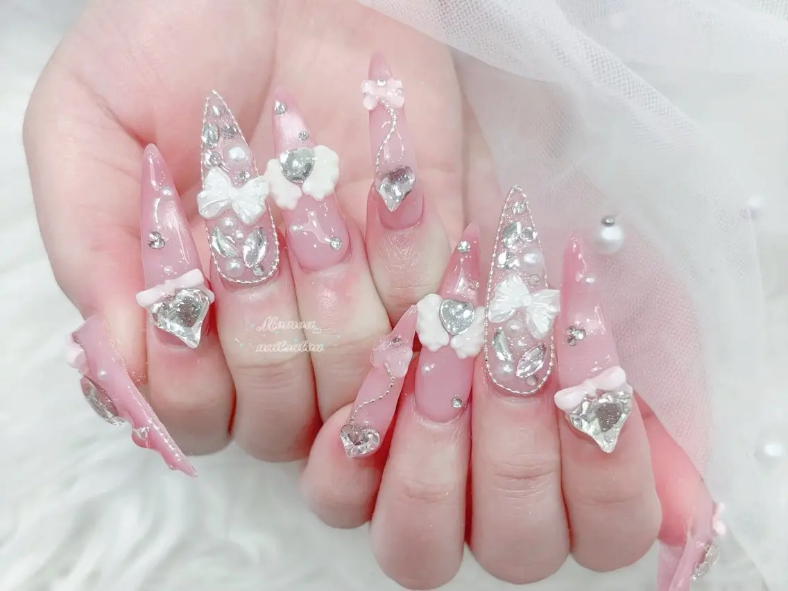 ネイル 成人式 マグネットネイル 大理石ネイル(マーブル) リボン 夏ネイル ハンドネイル MoMoA Nail ネイル長さ出し専門店のネイルデザイン