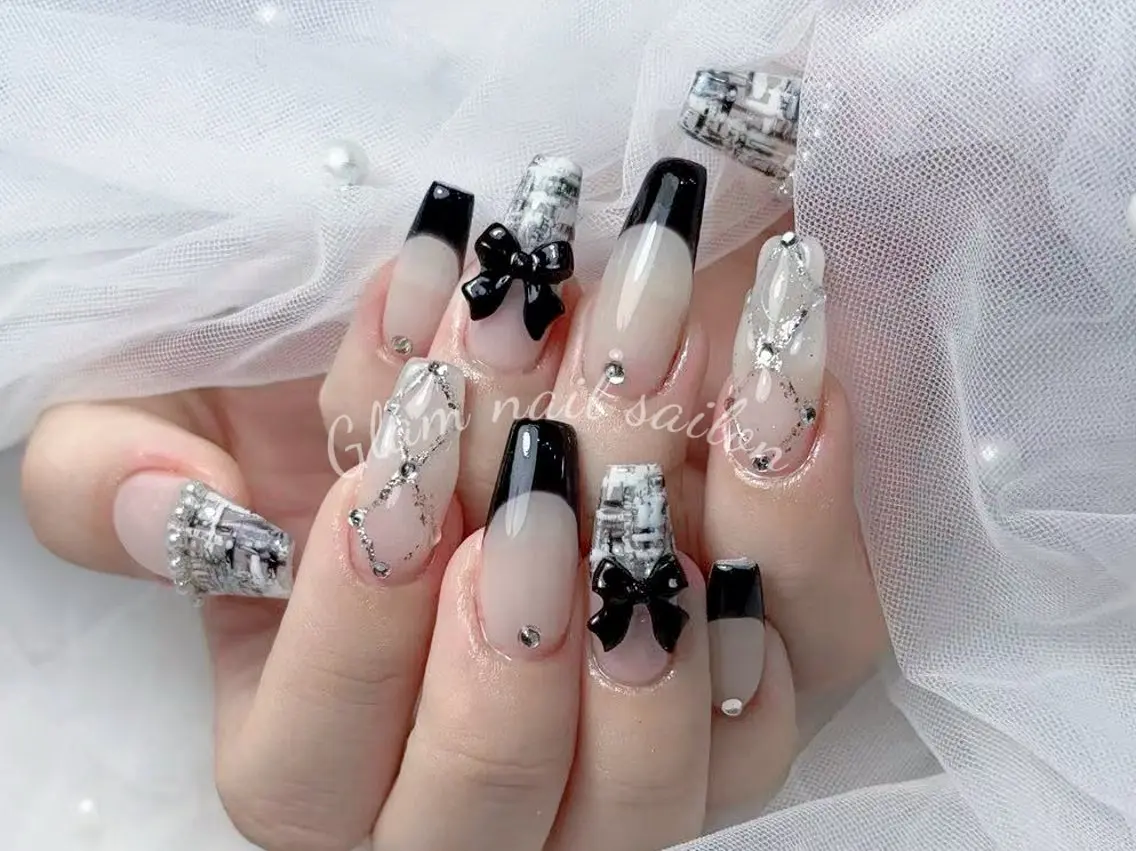 ネイル ハンドネイル エツメ💅 長さ出し🎀デザインのネイルデザイン