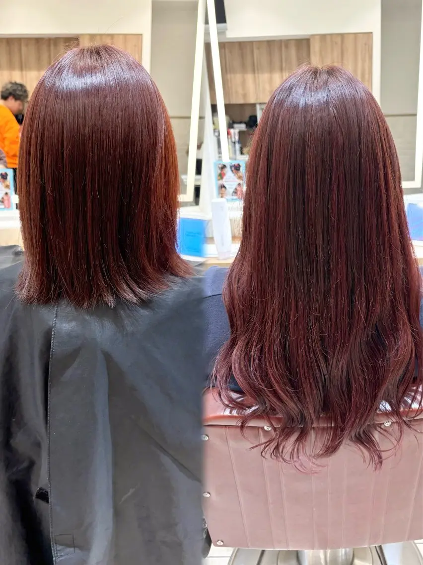 ロング カラー レッドカラー エクステ 韓国風ヘア ヘアカラー エクステ ハイトーンカラー シールエクステのヘアスタイル