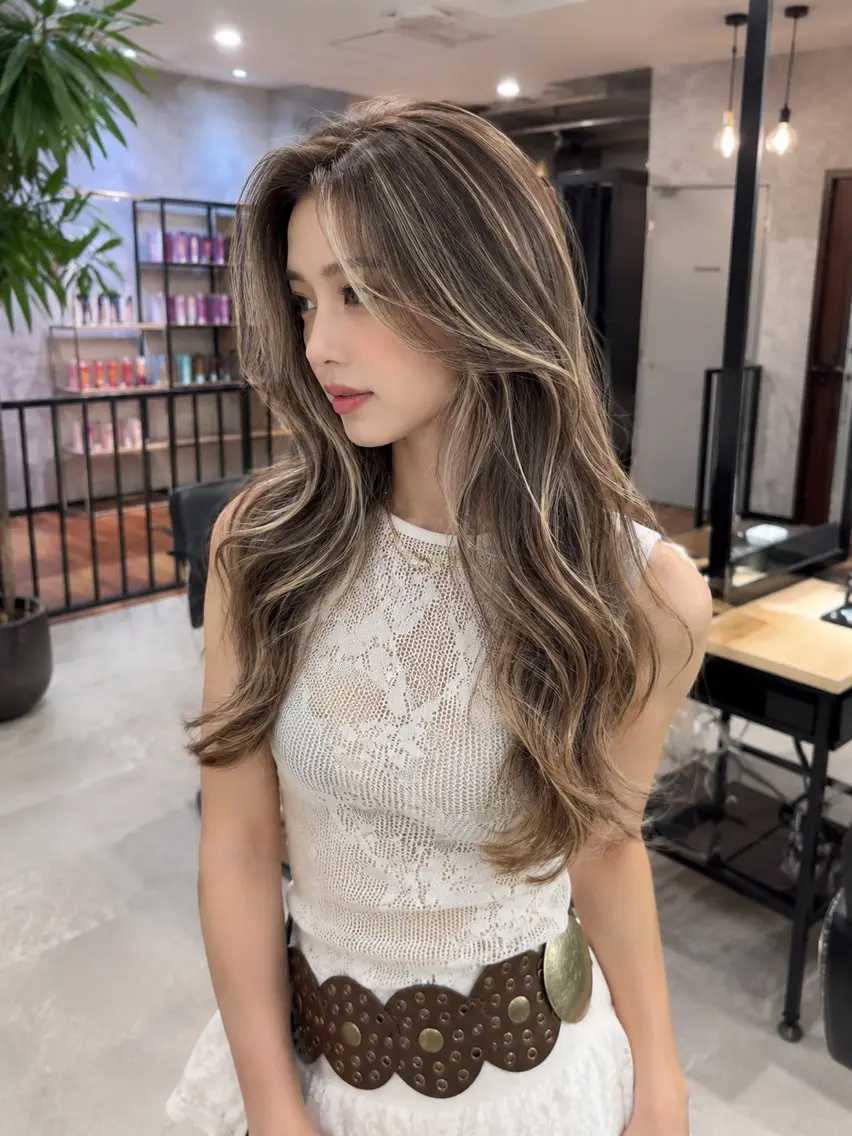 ロング 顔まわりレイヤー 外国人風カラー ハイライト レイヤーカット カット ヘアカラー トリートメント 海外風レイヤーカット 👑店長　平松　由のヘアスタイル