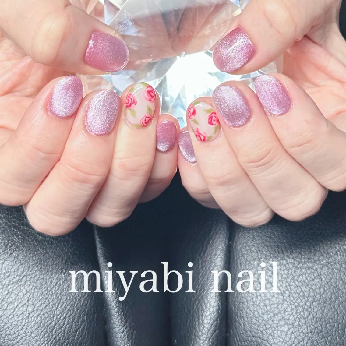 ネイル アートネイル マグネットネイル 持ち込み ピンク 春ネイル ハンドネイル miyabi nail 桂川駅近くのネイルデザイン