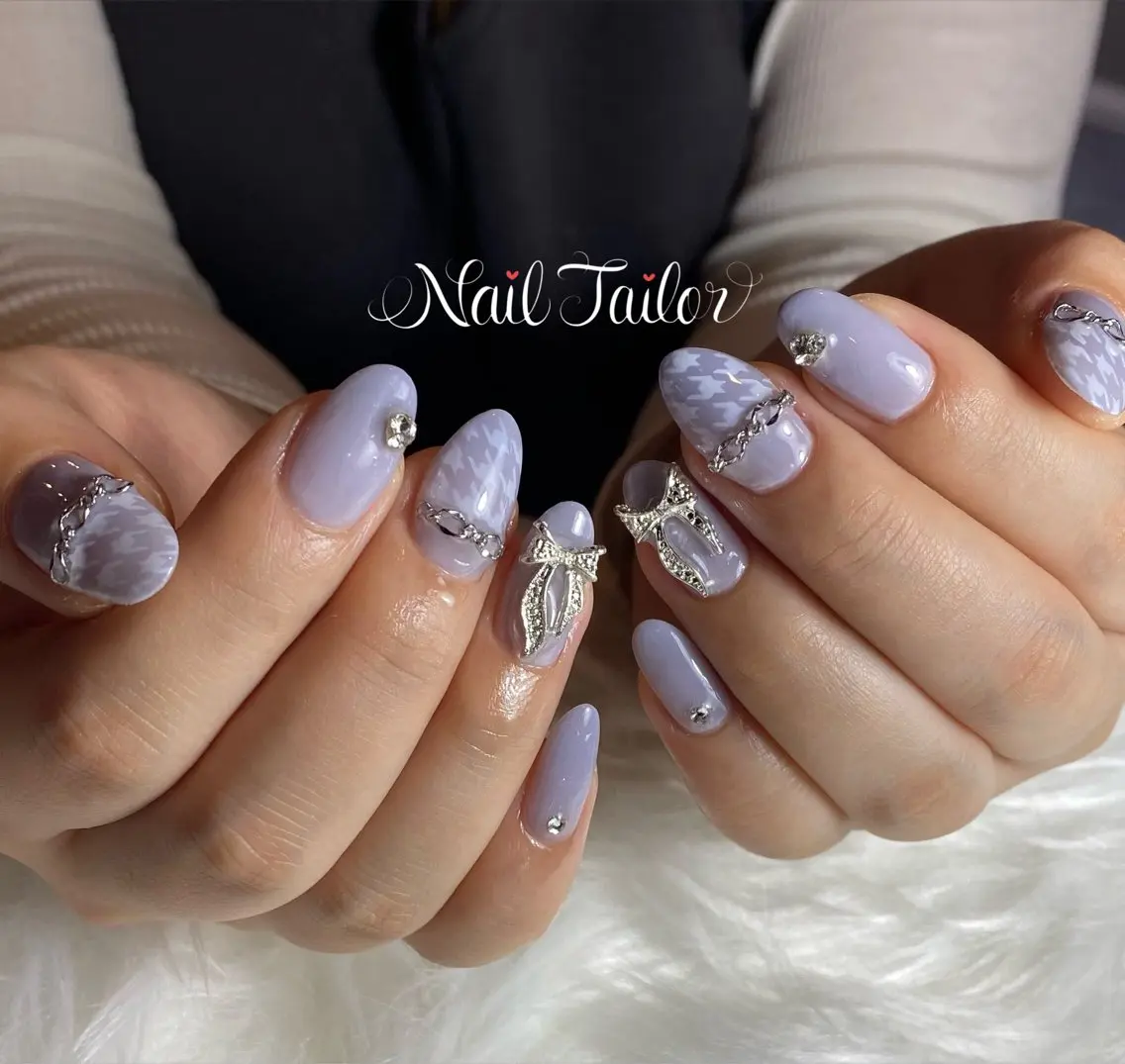 ネイル 長さ出し キラキラネイル ピンク リボン シルバー ハンドネイル NailTailor ネイルテイラーのネイルデザイン