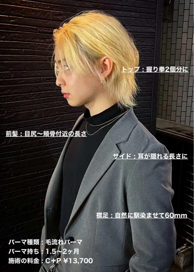 ミディアム パーマ メンズ ミディアムパーマ センターパート メンズパーマ メンズウルフカット ウルフカット masahiro 波巻きシャドウパーマのヘアスタイル