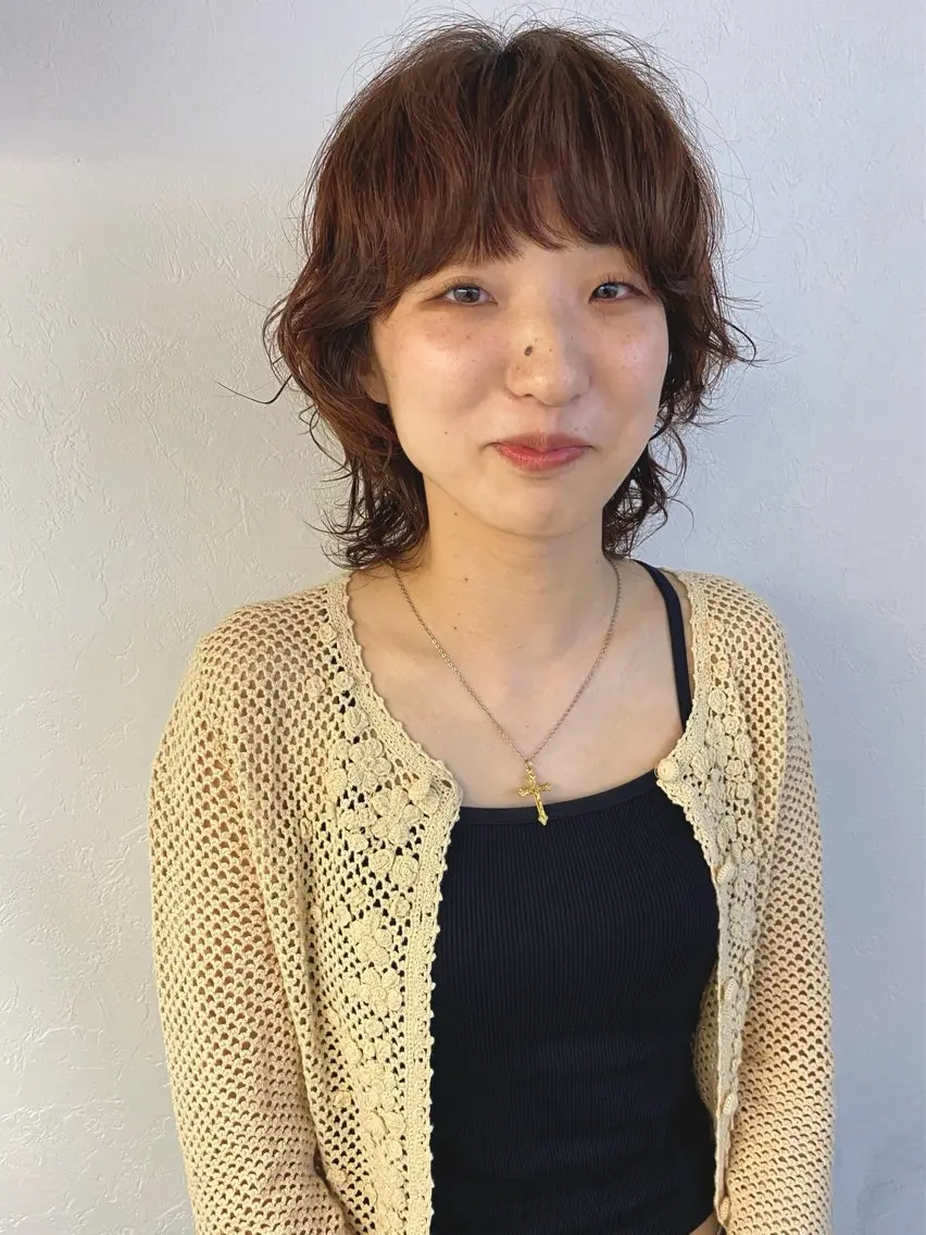 ミディアム カラー パーマ ミディアムパーマ ブラウンカラー オレンジ オレンジブラウン ウルフカット カット ヘアカラー パーマ トリートメント 森貴裕/ベージュ/ パーマ/オリーブのヘアスタイル