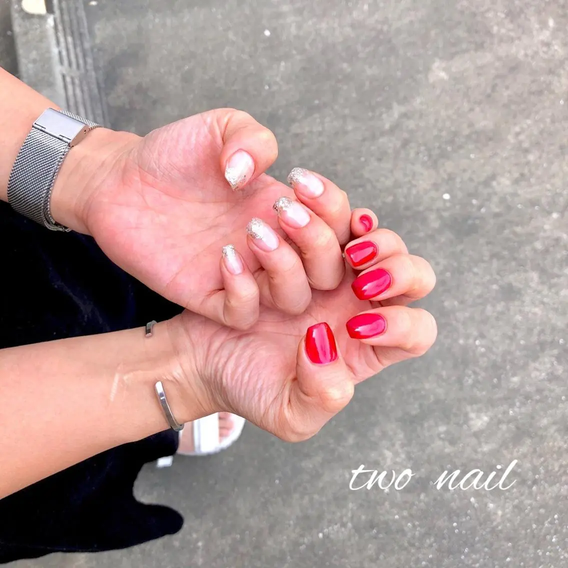 ネイル フットネイル ハート ラメ(グリッター) 赤色 シルバー two nailのネイルデザイン