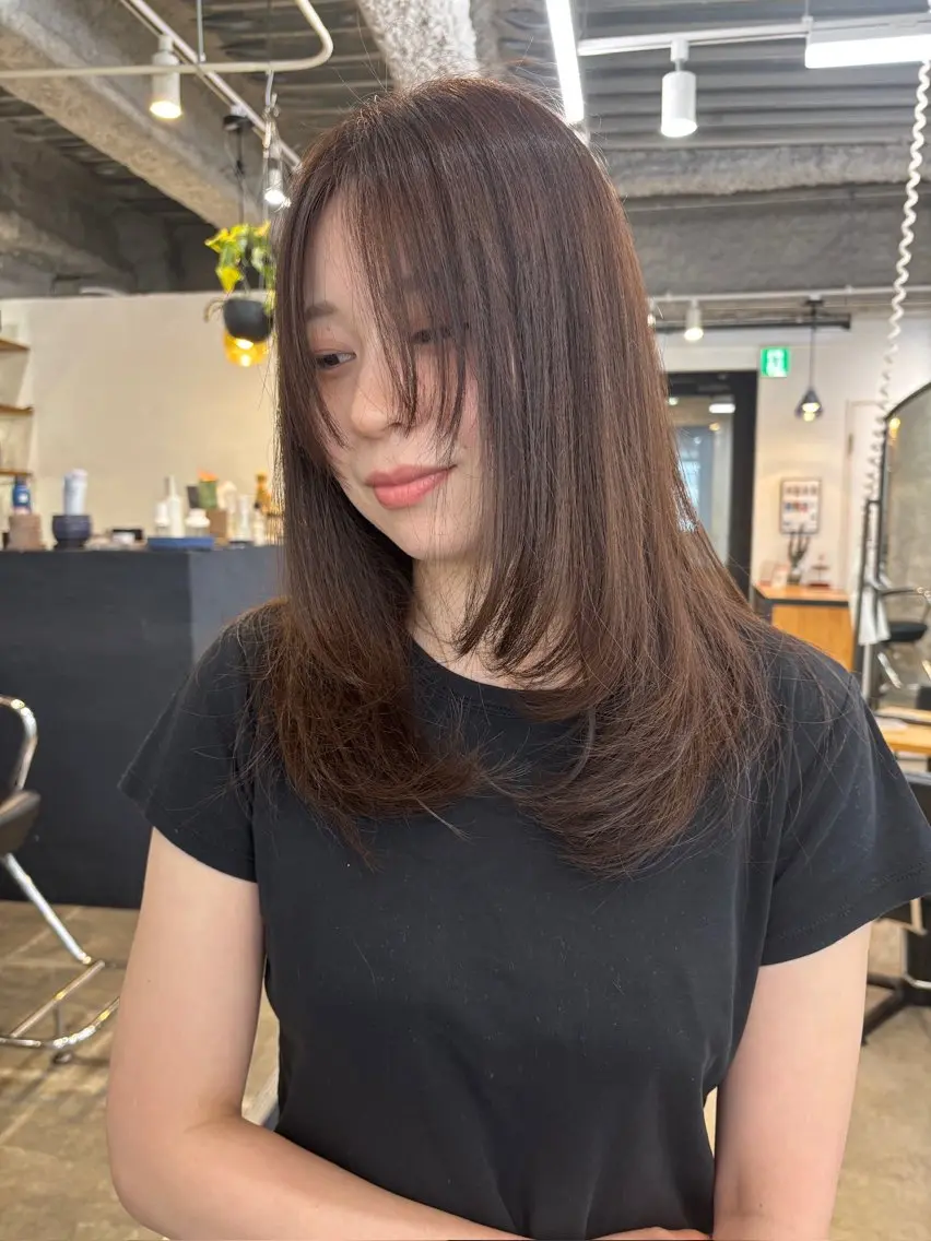ロング アッシュ 顔まわりレイヤー ハッシュカット 髪質改善 韓国風ヘア カット 暖色系特化さくら /福岡天神/レイヤーのヘアスタイル
