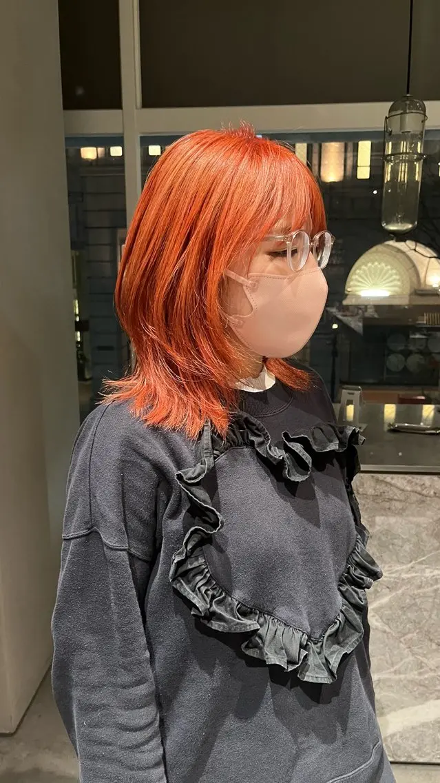 カラー ブリーチ オレンジ ピンクカラー レッドカラー 中野 沙季子のヘアスタイル