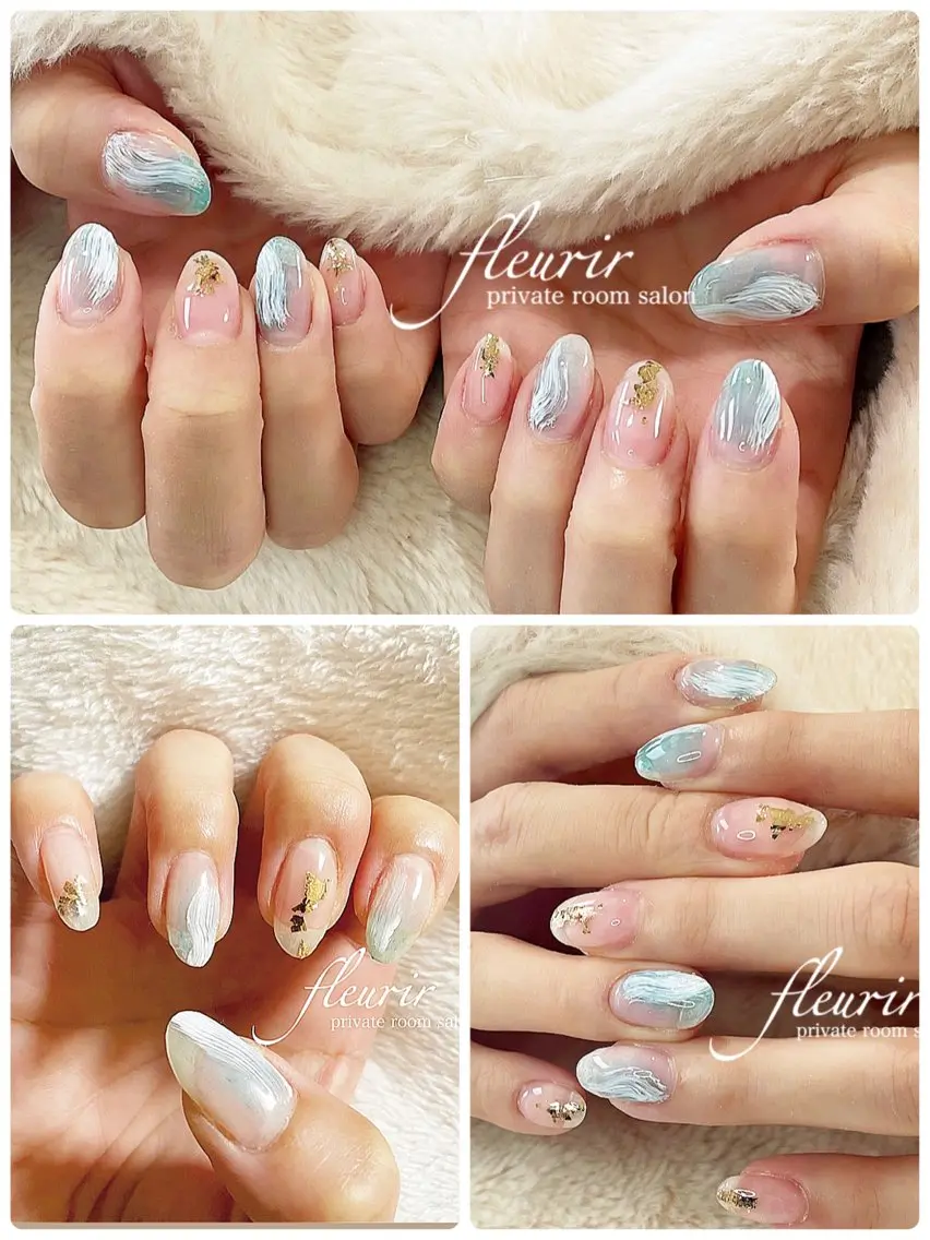 ネイル アートネイル クリアネイル 水色 ロングネイル ニュアンスネイル ハンドネイル フルリール 【プライベートサロンのネイルデザイン