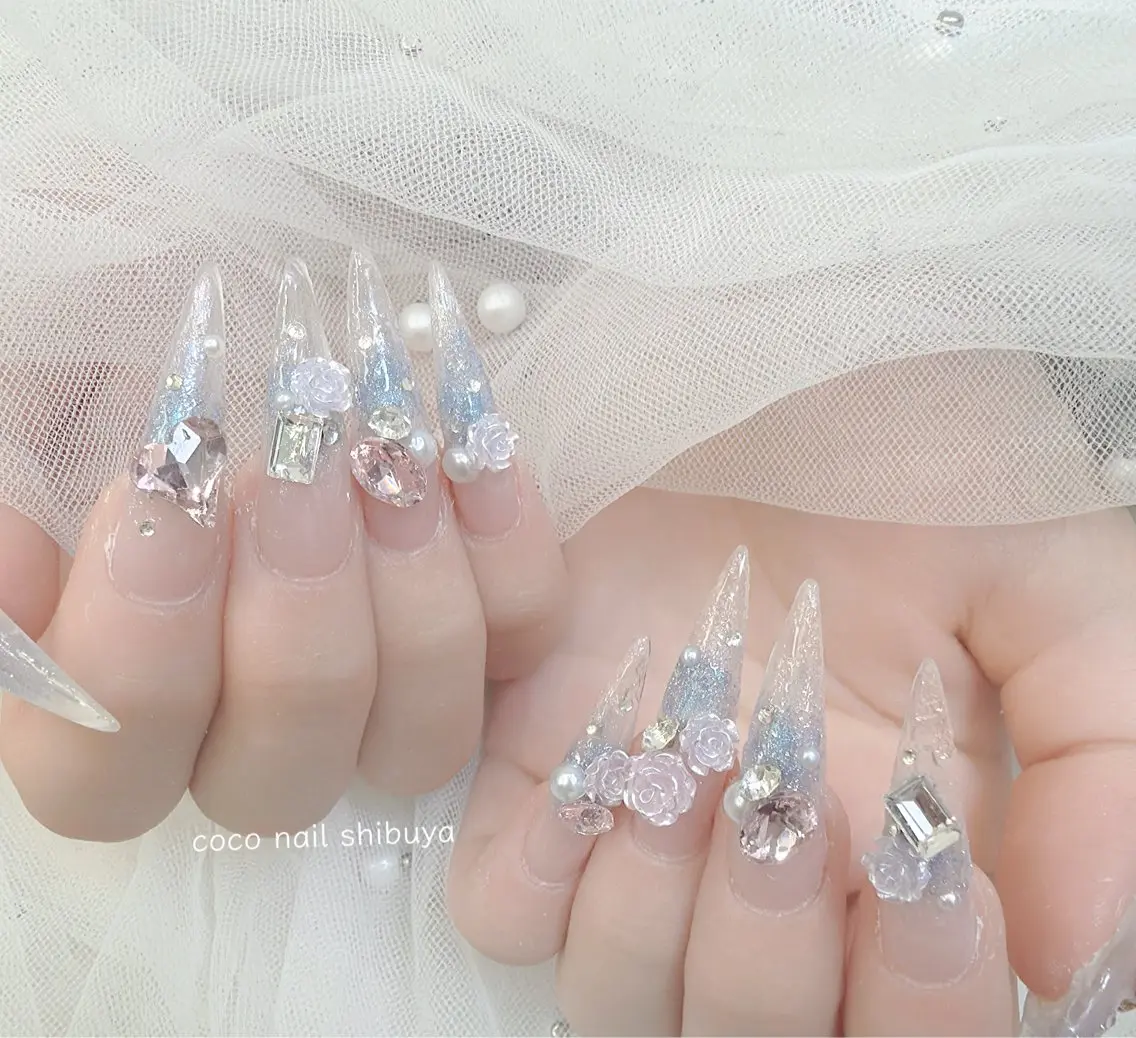 ネイル 成人式 大理石ネイル(マーブル) リボン 夏ネイル ネイルチップ ハンドネイル Mei Salon 長さ出し専門店のネイルデザイン
