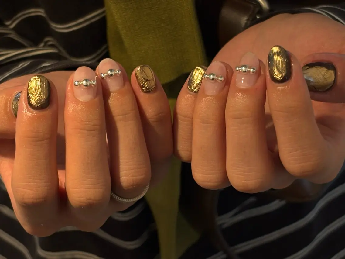ネイル ブラウン クリアネイル ゴールド ミラーネイル ニュアンスネイル ハンドネイル D.d nail Fukaのネイルデザイン