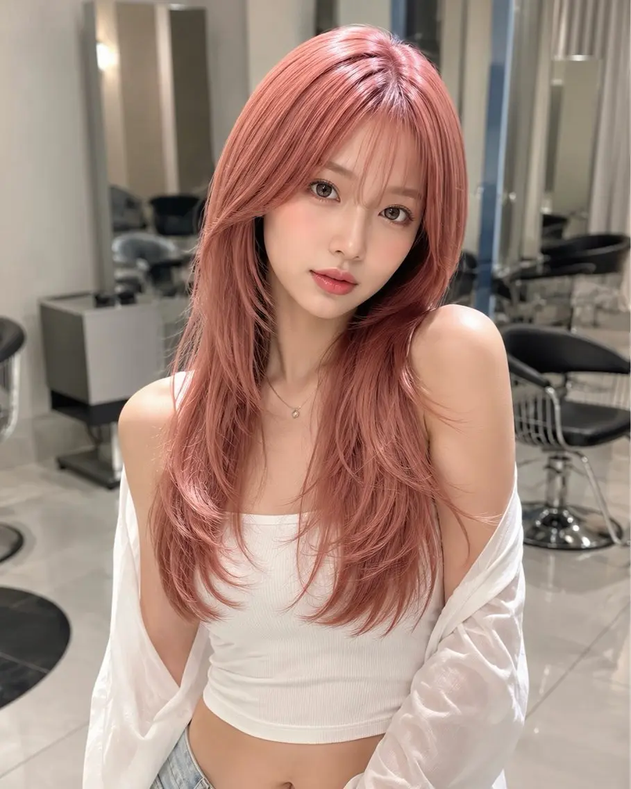 ロング カラー ヘアカラー 韓国ハイレイヤー ハッシュカット特化のヘアスタイル