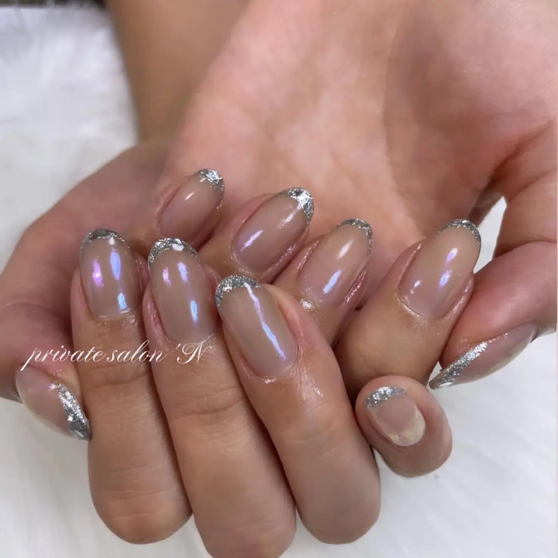 ネイル オーロラネイル フレンチネイル ガラスフレンチ パープル BINERVA nail salonのネイルデザイン