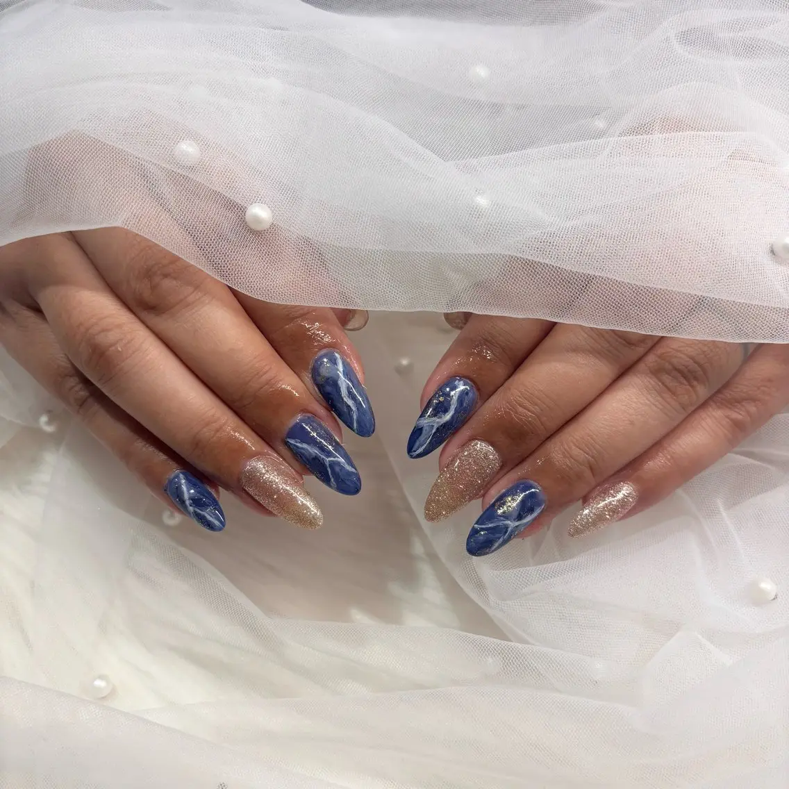ネイル ブルー フラッシュネイル ゴールド 大理石ネイル(マーブル) Viel💅 〜himene〜のネイルデザイン