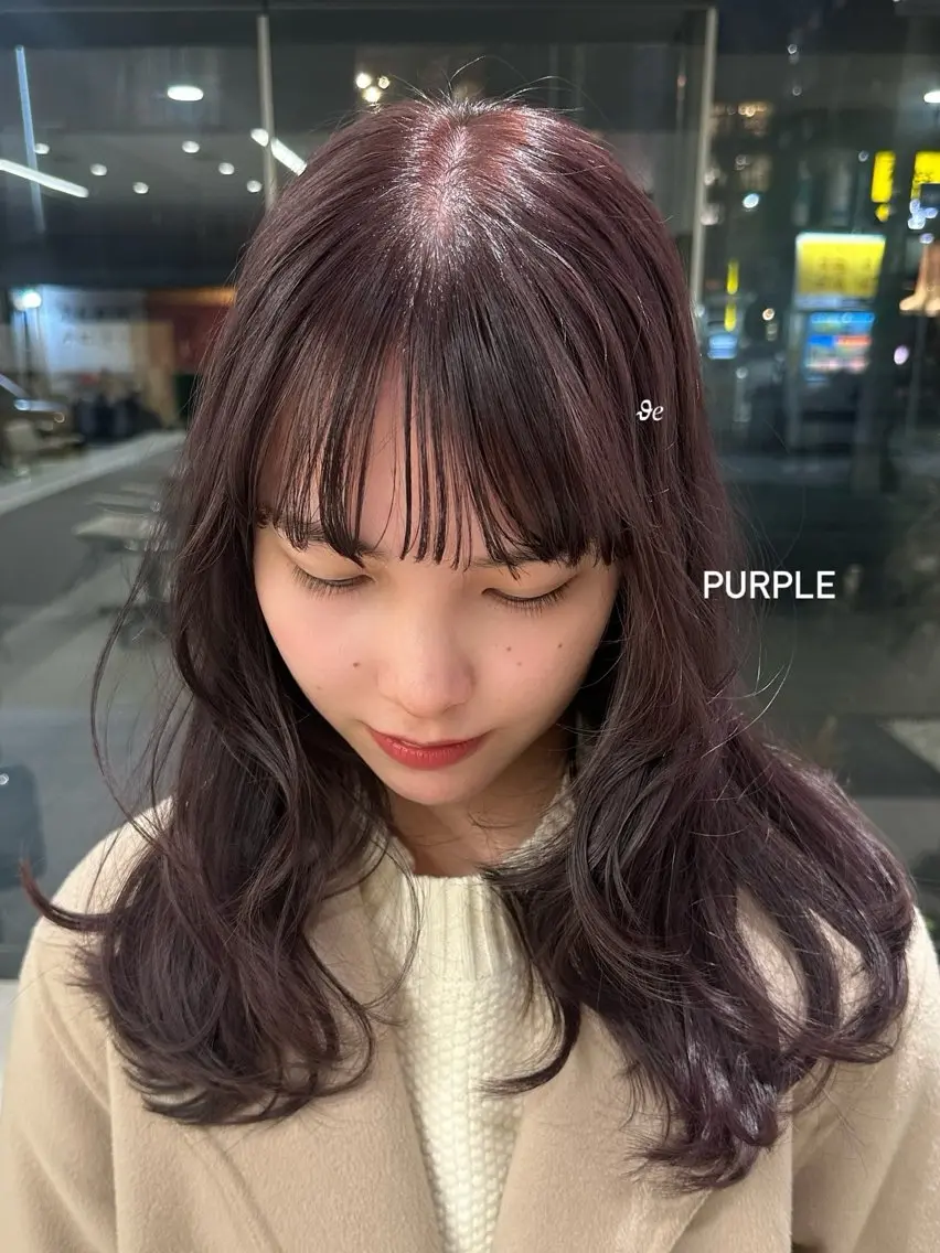 セミロング カラー ブリーチ ブラウンカラー ブリーチなしカラー パープルカラー パープルブラウン カット ヘアカラー トリートメント ハイトーン/透け感 カラー🎀真香のヘアスタイル