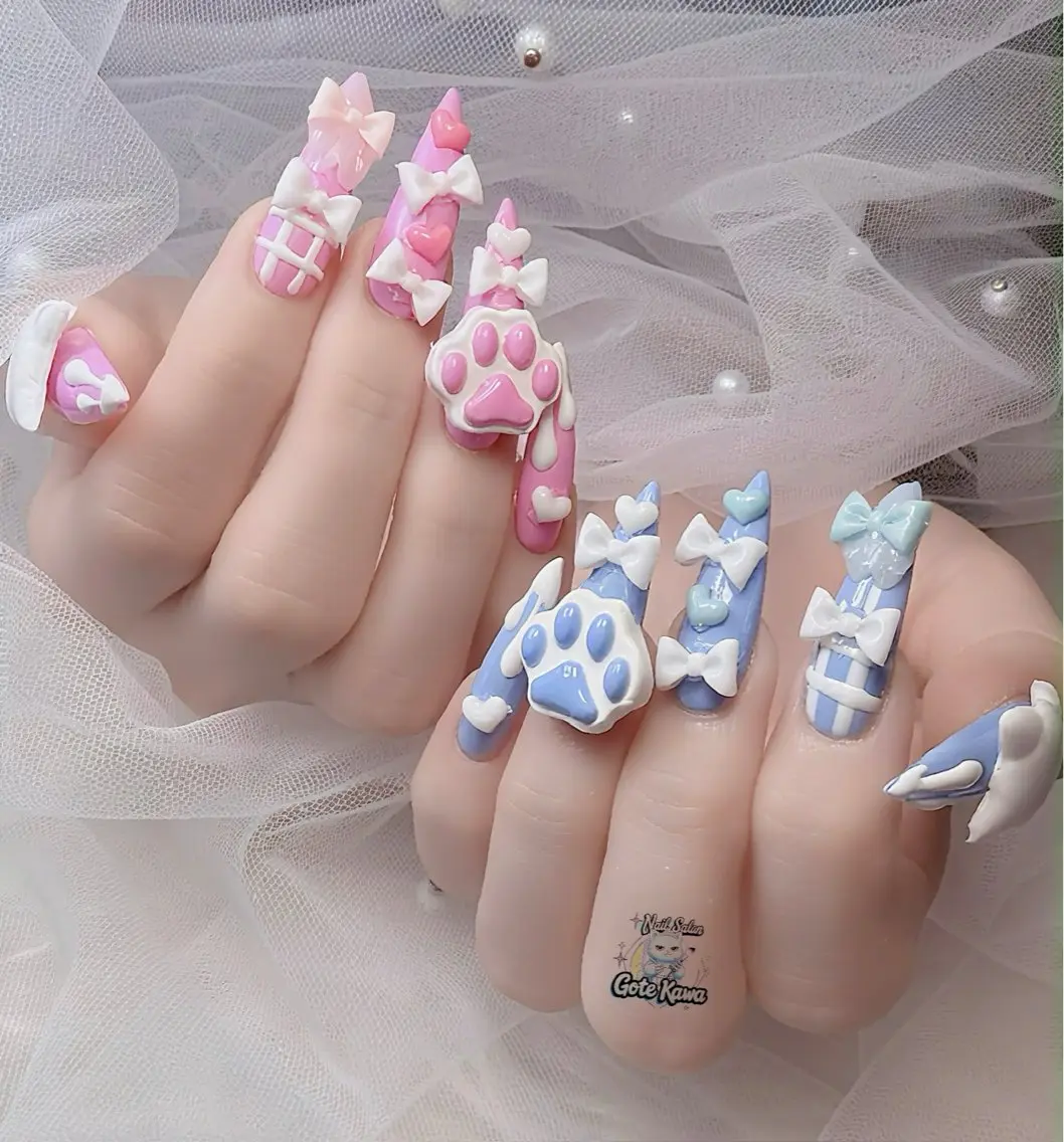 ネイル ハート ロングネイル 持ち込み パステルネイル リボン ハンドネイル ハンドケア Gote Kawa nail salonのネイルデザイン