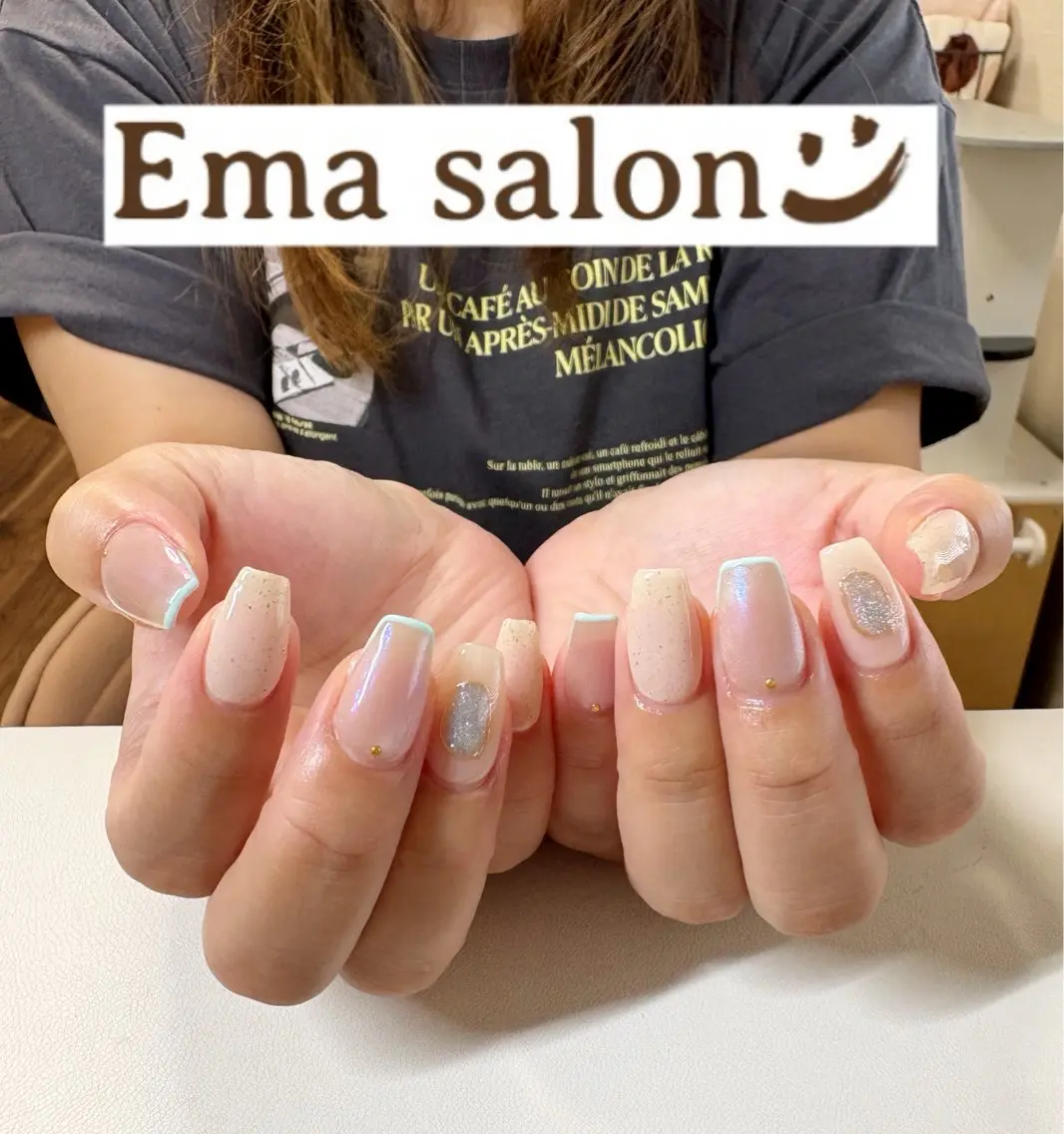 ネイル フレンチネイル 水色 持ち込み 夏ネイル ハンドネイル Ema salon hiromiのネイルデザイン