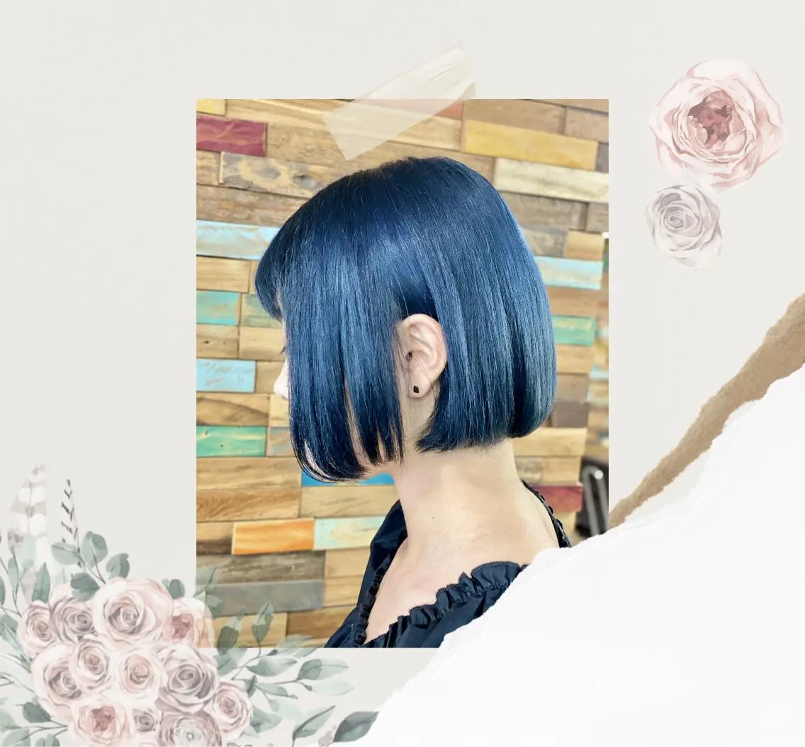 ショート カラー 黒髪 ブリーチ ブルーカラー ブルーブラック 透明感カラー ☘️ motion ALOE ☘️のヘアスタイル